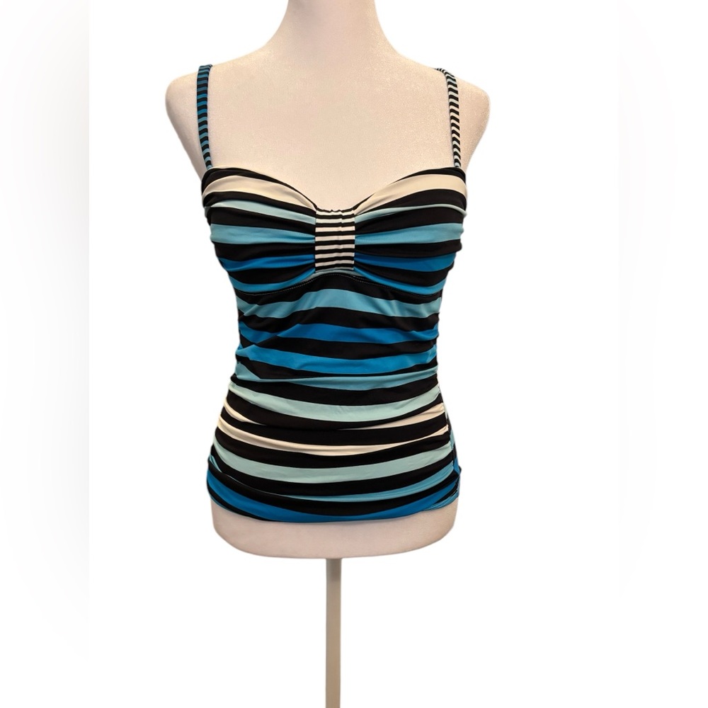 Tommy Bahama Striped Black Blue White Padded Tankini Swimsuit Top Size Small